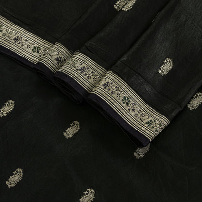 Sanskriti Vintage Black Pure Satin Saree Banarasi Brocade Zari Hand-Woven 5+YD