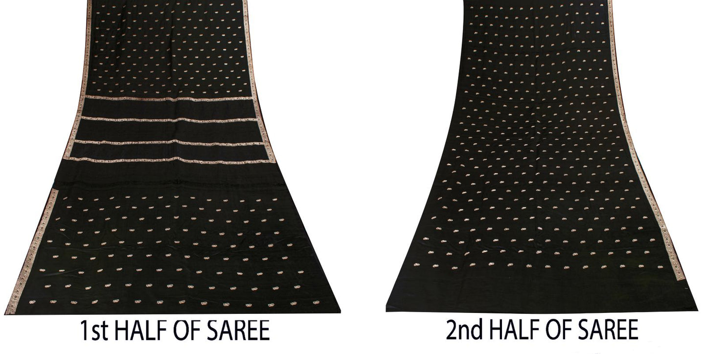 Sanskriti Vintage Black Pure Satin Saree Banarasi Brocade Zari Hand-Woven 5+YD