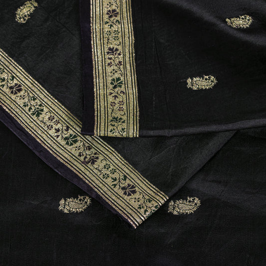 Sanskriti Vintage Black Pure Satin Saree Banarasi Brocade Zari Hand-Woven 5+YD