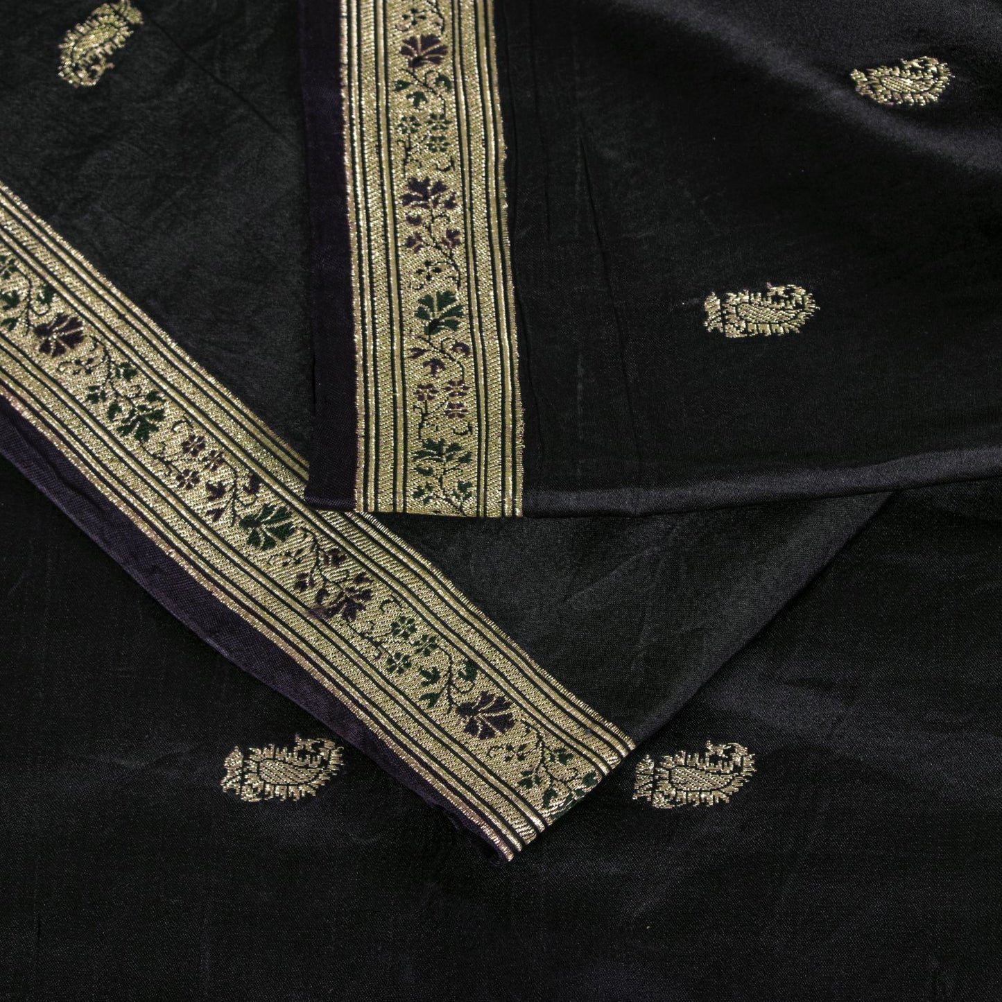 Sanskriti Vintage Black Pure Satin Saree Banarasi Brocade Zari Hand-Woven 5+YD