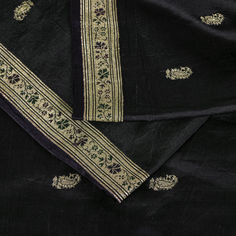 Sanskriti Vintage Black Pure Satin Saree Banarasi Brocade Zari Hand-Woven 5+YD