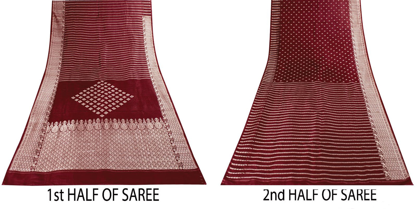 Sanskriti Vintage Red 100% Pure Satin Saree Banarasi Brocade Zari Handwoven 5+YD
