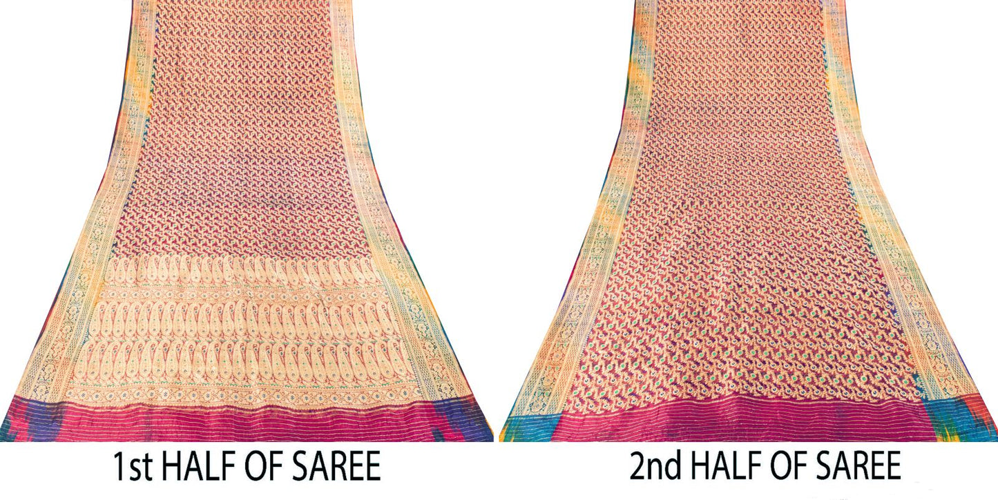 Sanskriti Vintage Saree Banarasi Brocade Purple Pure Organza Zari Bollywood Sari