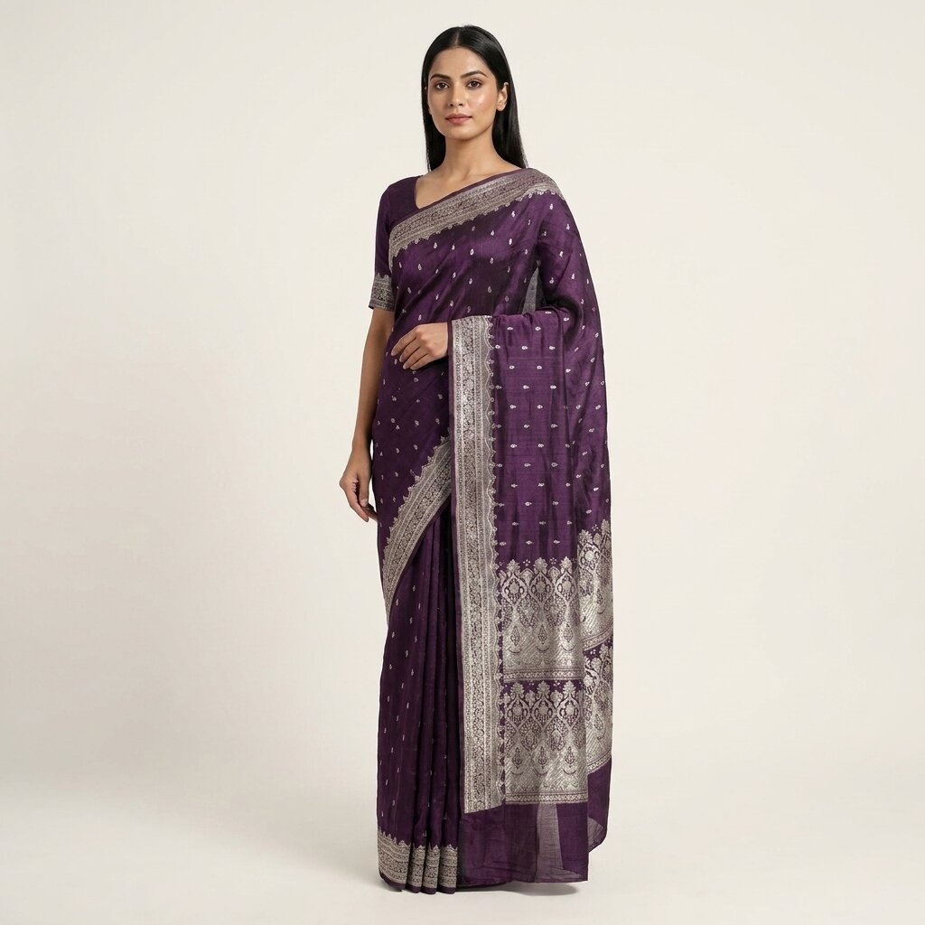 Sanskriti Vintage Purple Pure Silk Saree Banarasi Brocade Zari Hand-Woven Sari