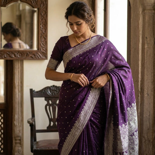Sanskriti Vintage Purple Pure Silk Saree Banarasi Brocade Zari Hand-Woven Sari