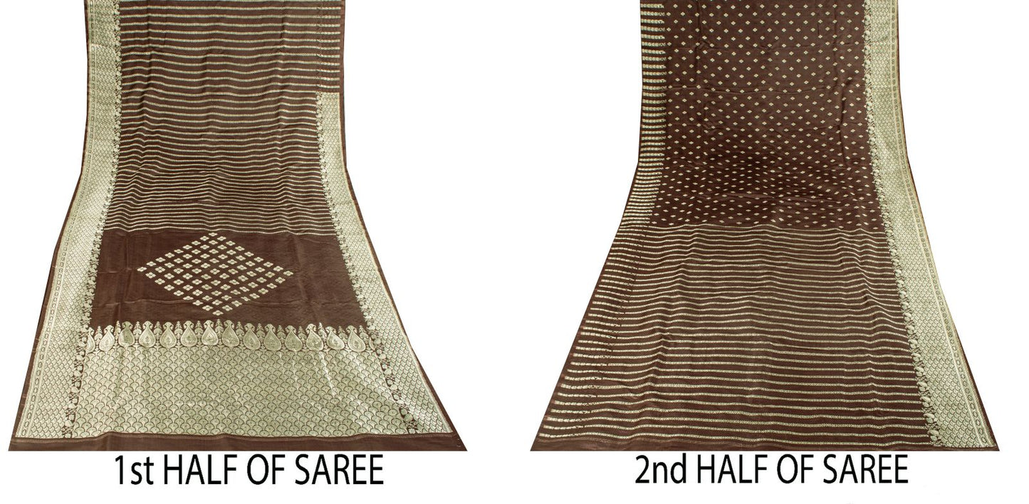 Sanskriti Vintage Saree Brown Pure Silk Banarasi Brocade Zari Hand-Woven 6YDSari