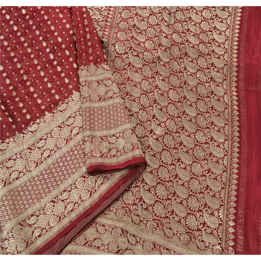 Sanskriti Vintage Sari Red 100% Pure Satin Silk Saree: Zari HandWoven Banarasi Brocade Saree Fabric, Embroidery Heritage For Women