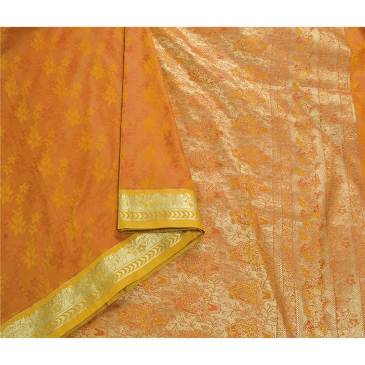 Sanskriti Vintage Saree Art Silk Brocade Orange Dress Meterial Sarees Banarasi Zari Hand Woven Brocade 6 Yard Craft Fabric Sari Home Decor
