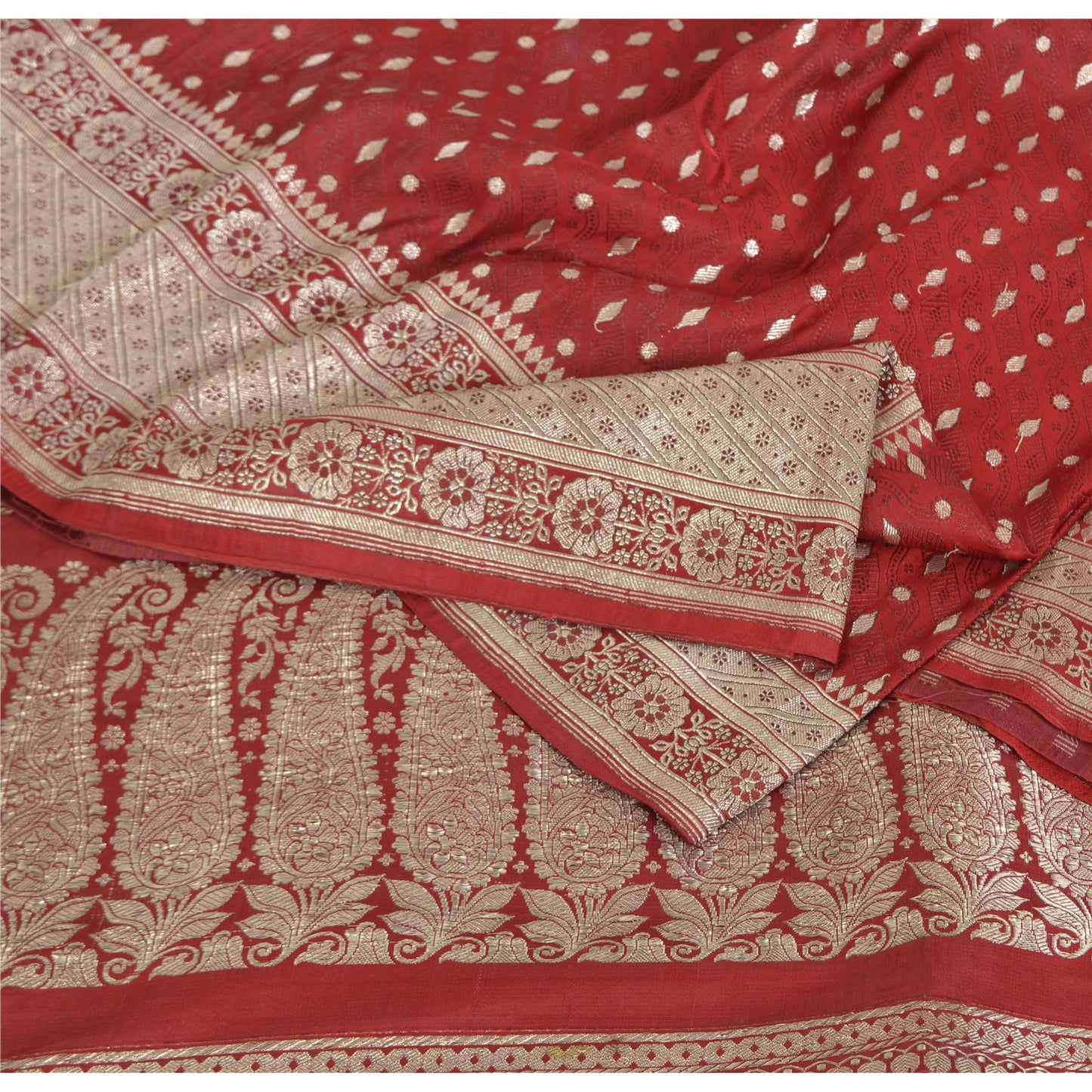 Sanskriti Vintage Indian Sarees Pure Satin Silk Banarasi/Brocade 5yd Fabric Sari