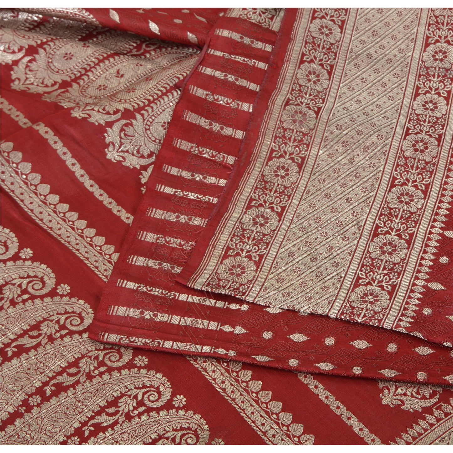 Sanskriti Vintage Indian Sarees Pure Satin Silk Banarasi/Brocade 5yd Fabric Sari