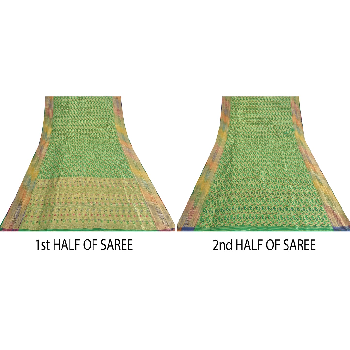 Sanskriti vintage Green Sarees Pure Silk Hand Woven Banarasi/Brocade Fabric Sari