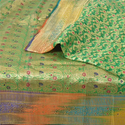 Sanskriti vintage Green Sarees Pure Silk Hand Woven Banarasi/Brocade Fabric Sari