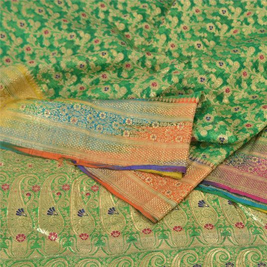 Sanskriti vintage Green Sarees Pure Silk Hand Woven Banarasi/Brocade Fabric Sari