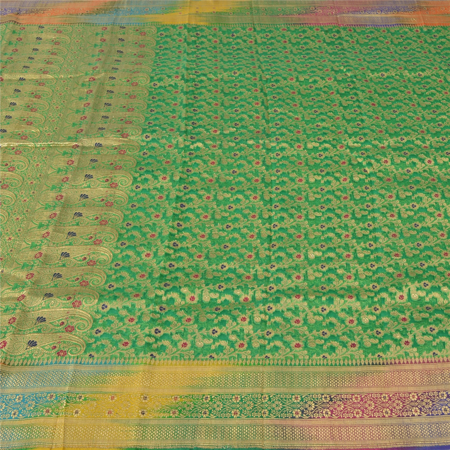 Sanskriti Vintage Green Sarees Pure Silk Hand Woven Banarasi/Brocade Fabric Sari