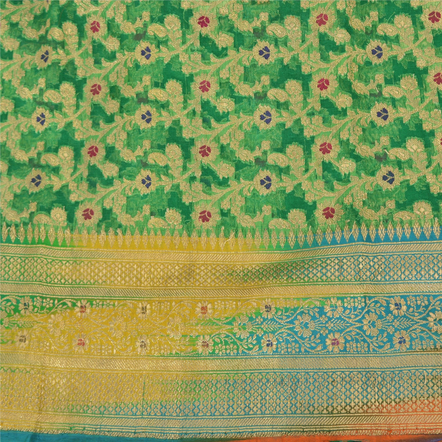 Sanskriti vintage Green Sarees Pure Silk Hand Woven Banarasi/Brocade Fabric Sari