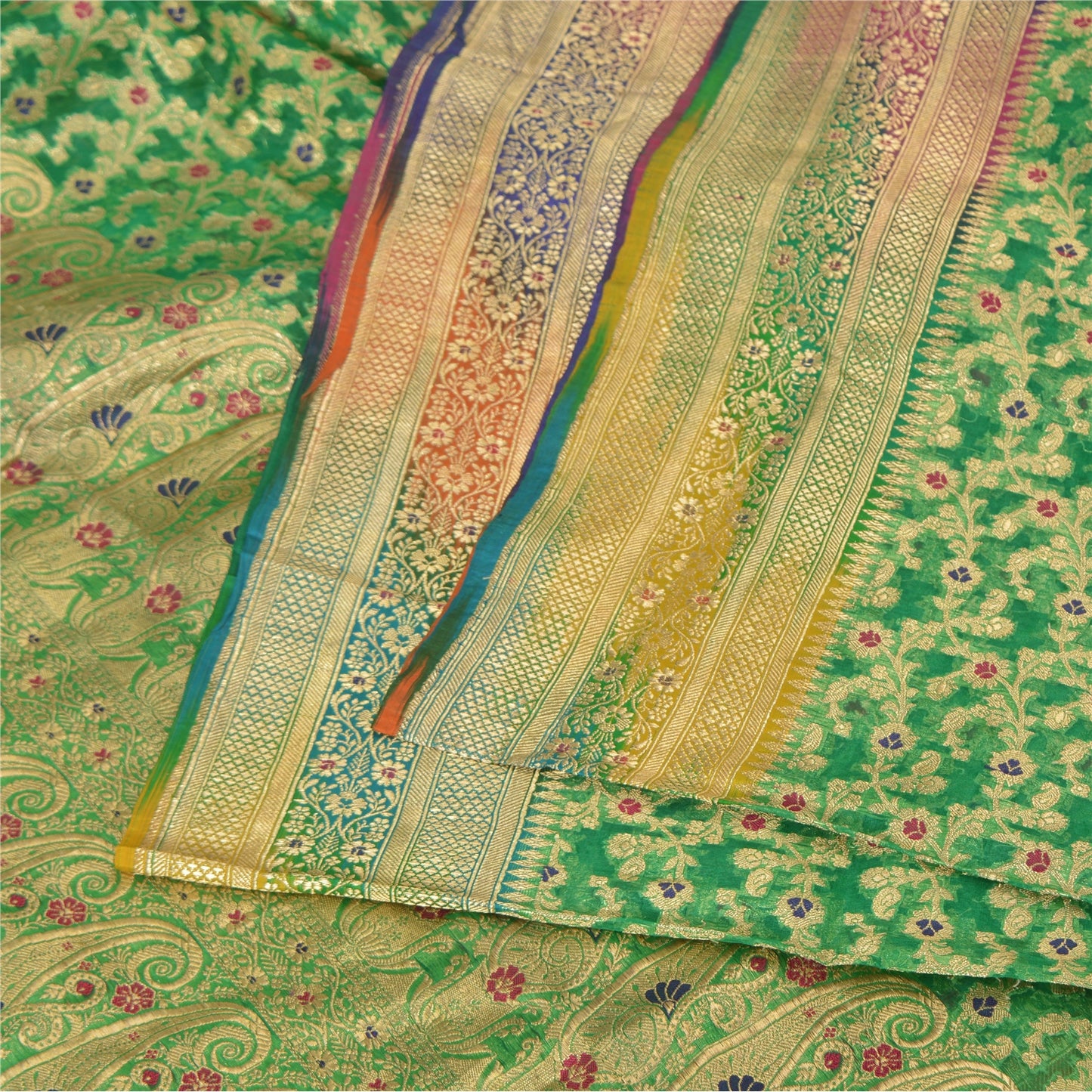 Sanskriti vintage Green Sarees Pure Silk Hand Woven Banarasi/Brocade Fabric Sari