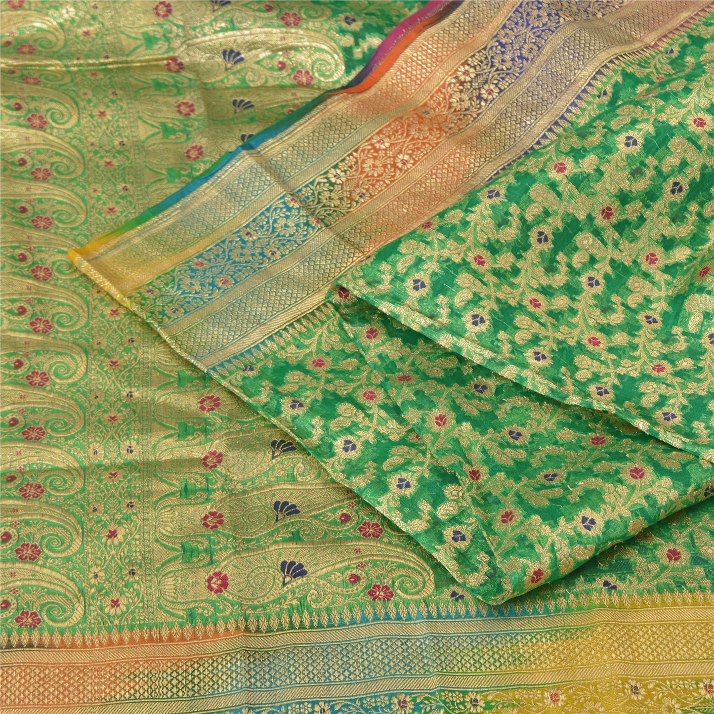 Sanskriti vintage Green Sarees Pure Silk Hand Woven Banarasi/Brocade Fabric Sari
