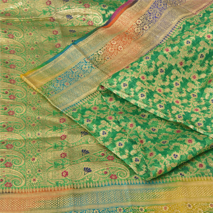 Sanskriti vintage Green Sarees Pure Silk Hand Woven Banarasi/Brocade Fabric Sari