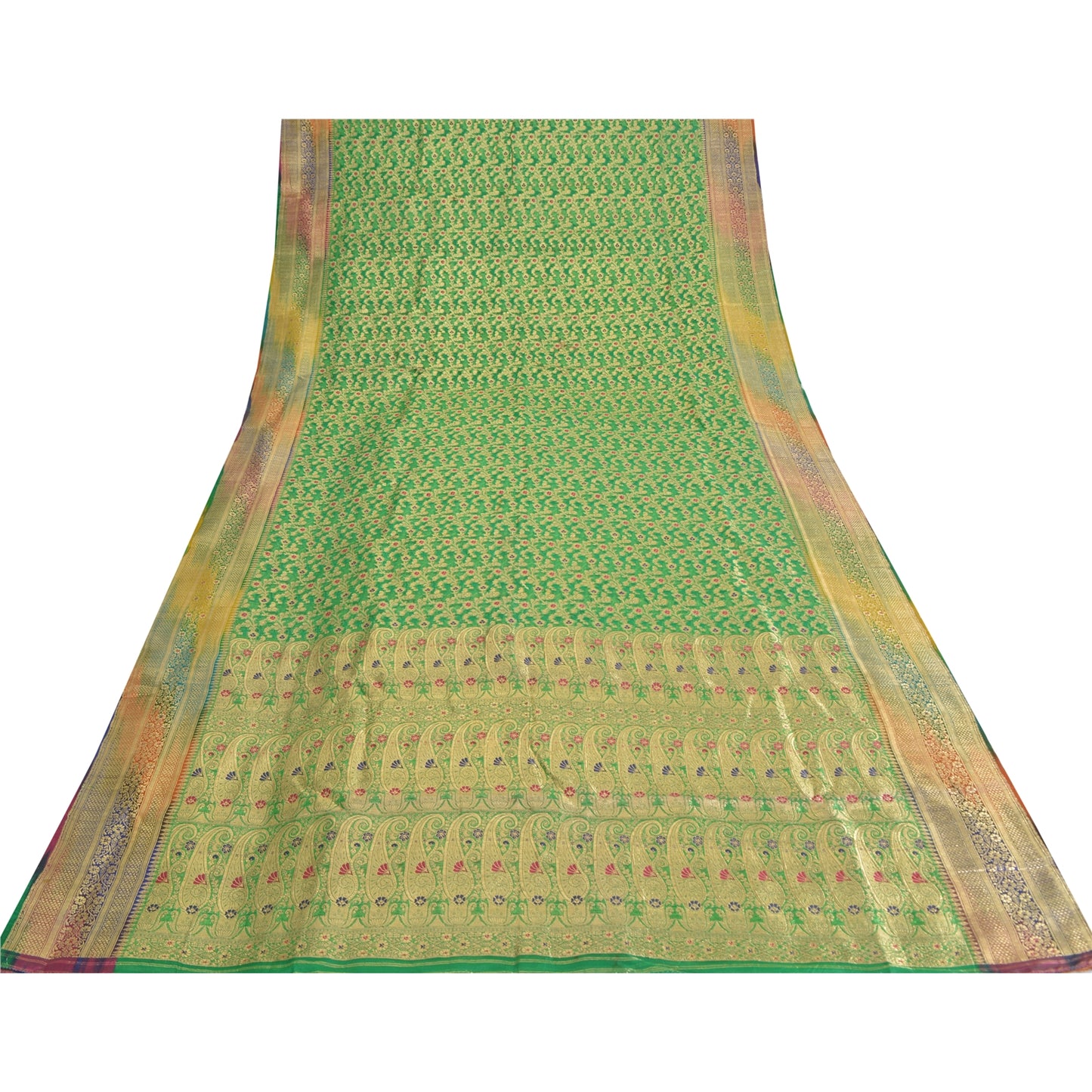 Sanskriti vintage Green Sarees Pure Silk Hand Woven Banarasi/Brocade Fabric Sari