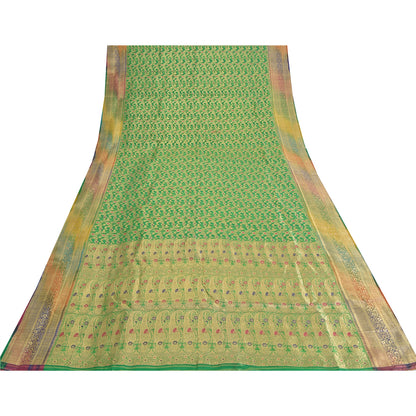 Sanskriti vintage Green Sarees Pure Silk Hand Woven Banarasi/Brocade Fabric Sari