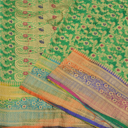 Sanskriti vintage Green Sarees Pure Silk Hand Woven Banarasi/Brocade Fabric Sari