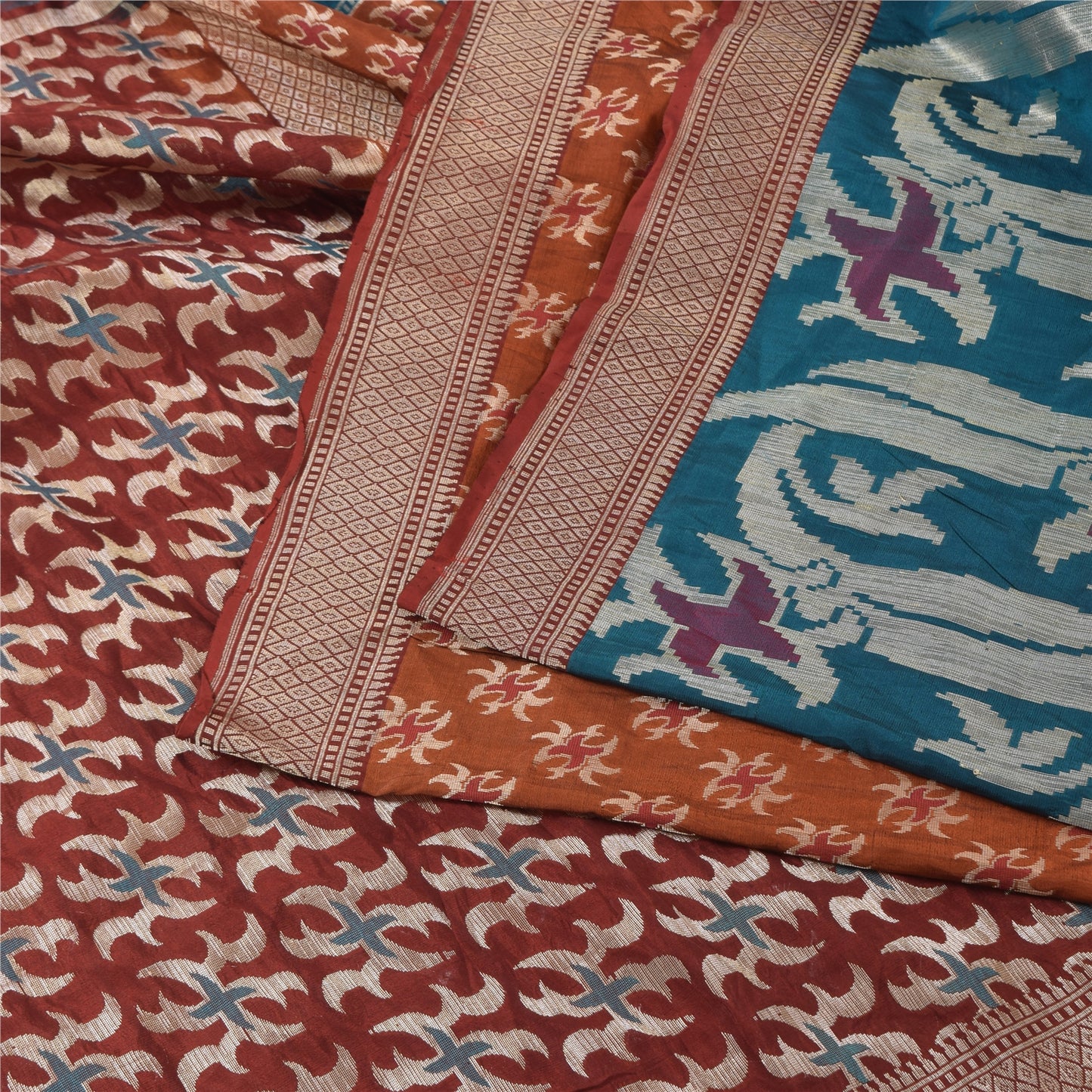 Sanskriti Vintage Indian Sarees Pure Silk Woven Dark Red Sari Floral Fabric