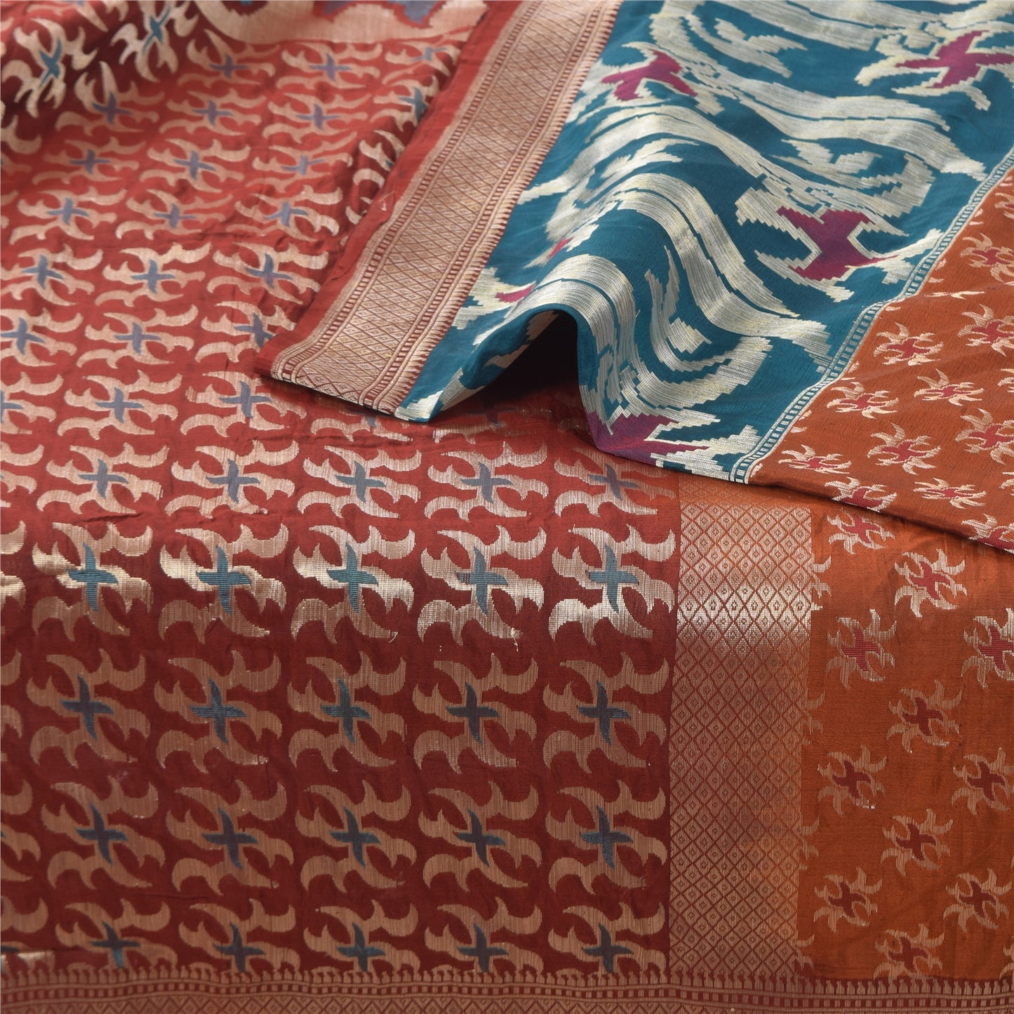 Sanskriti Vintage Indian Sarees Pure Silk Woven Dark Red Sari Floral Fabric