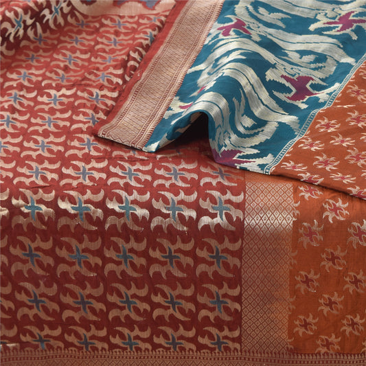 Sanskriti Vintage Indian Sarees Pure Silk Woven Dark Red Sari Floral Fabric