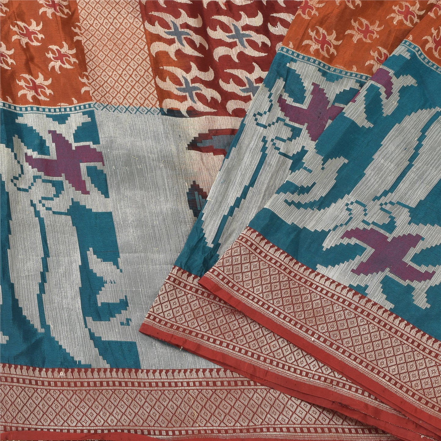 Sanskriti Vintage Indian Sarees Pure Silk Woven Dark Red Sari Floral Fabric