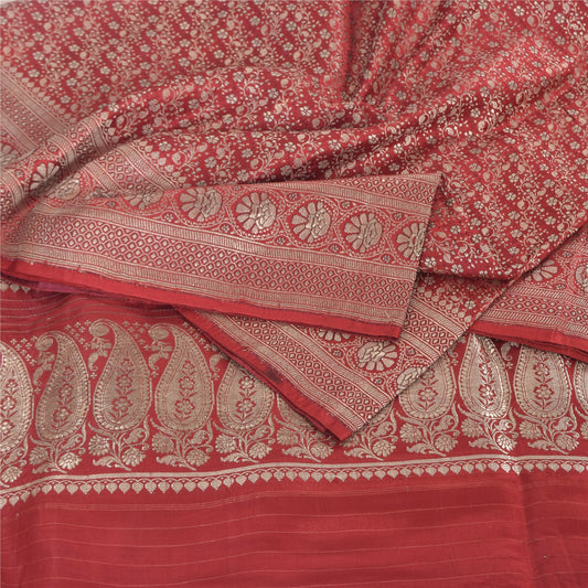 Sanskriti vintage Dark Red Sarees Pure Satin Silk Banarasi/Brocade Fabric Sari