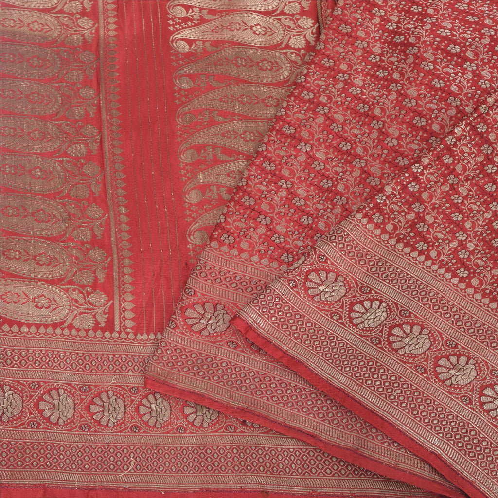 Sanskriti vintage Dark Red Sarees Pure Satin Silk Banarasi/Brocade Fabric Sari