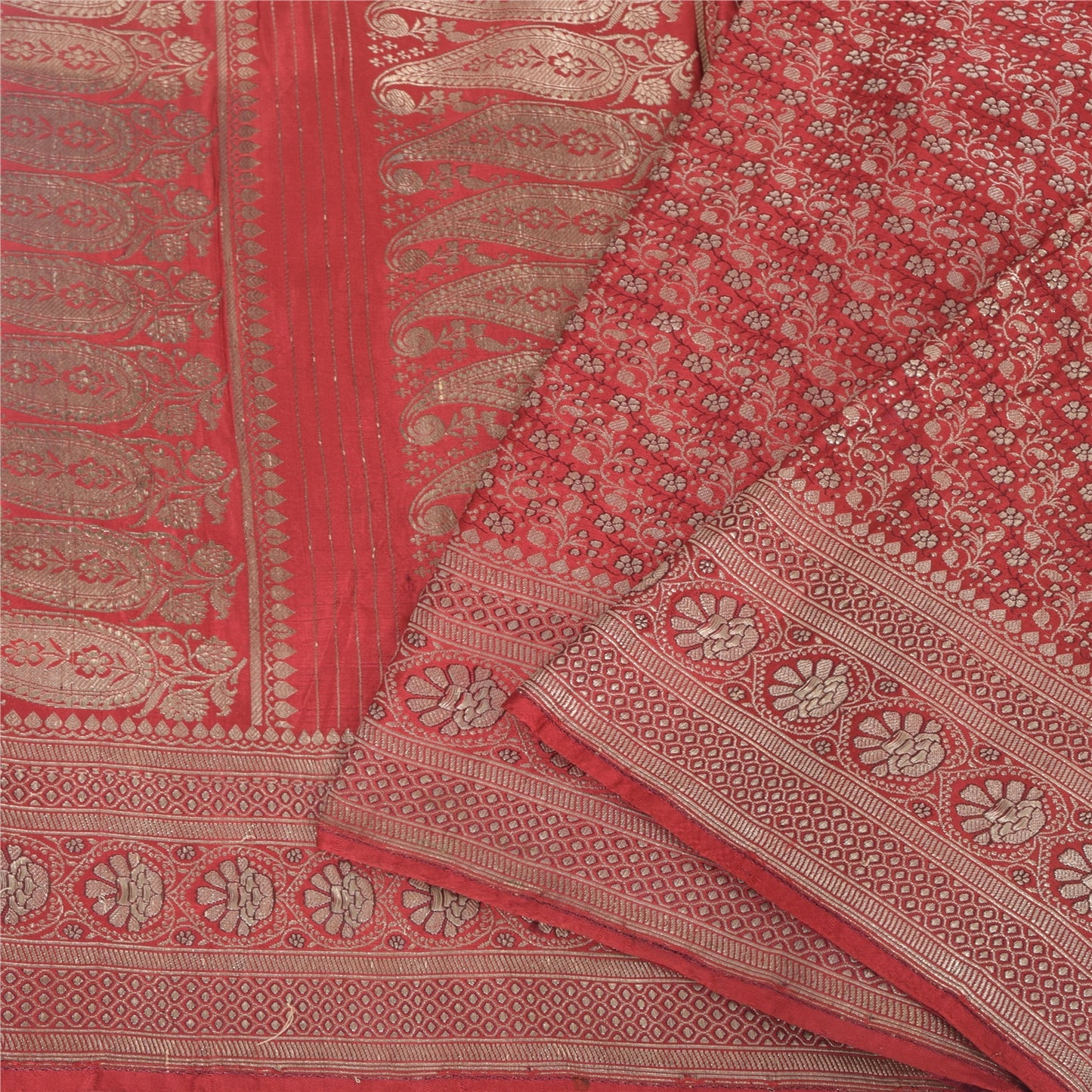 Sanskriti vintage Dark Red Sarees Pure Satin Silk Banarasi/Brocade Fabric Sari