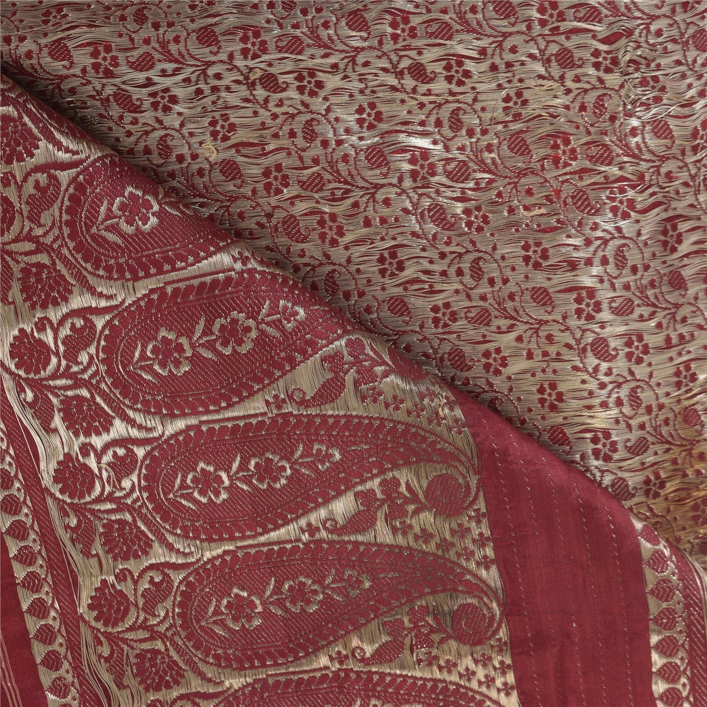 Sanskriti vintage Dark Red Sarees Pure Satin Silk Banarasi/Brocade Fabric Sari