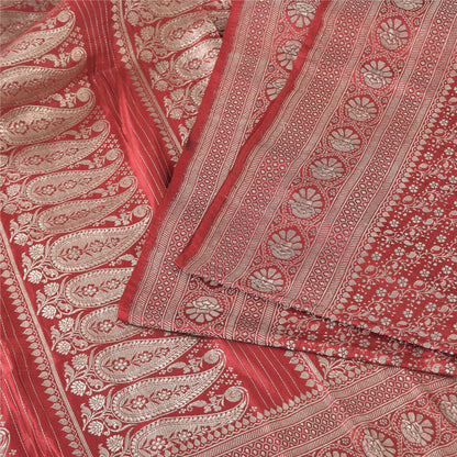 Sanskriti vintage Dark Red Sarees Pure Satin Silk Banarasi/Brocade Fabric Sari