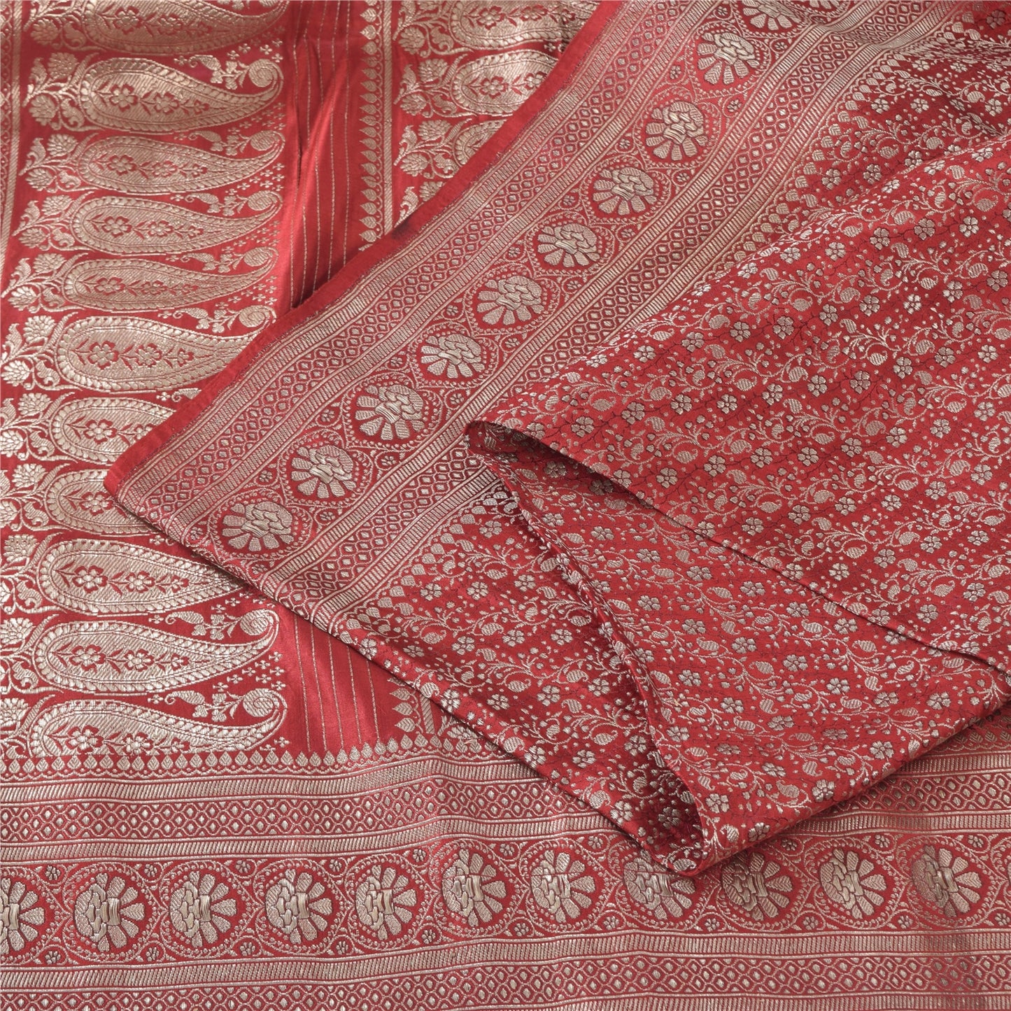 Sanskriti vintage Dark Red Sarees Pure Satin Silk Banarasi/Brocade Fabric Sari