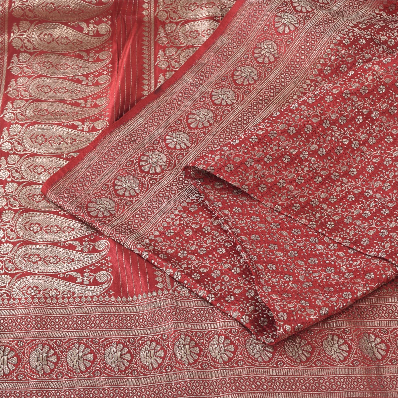 Sanskriti Vintage Dark Red Sarees Pure Silk Banarasi/Brocade Zari Handwoven 5 YD