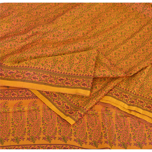 Sanskriti Vintage Indian Mustard Pure Satin Silk Banarasi Hand Woven Craft Sari