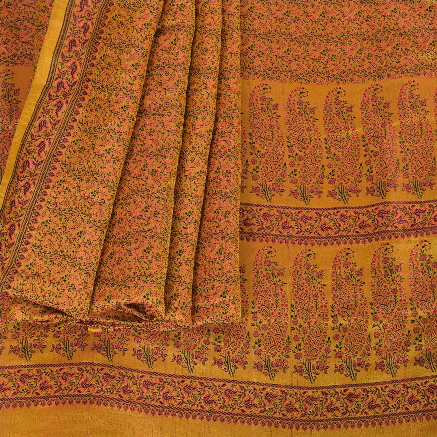 Sanskriti Vintage Indian Mustard Pure Satin Silk Banarasi Hand Woven Craft Sari