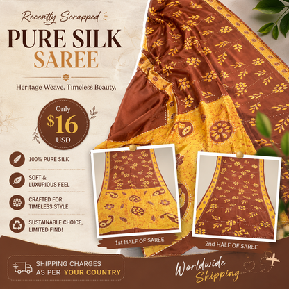 Brown Yellow Pure Silk Printed Vintage Saree Batik Floral Craft Fabric 5 Yard Sari
