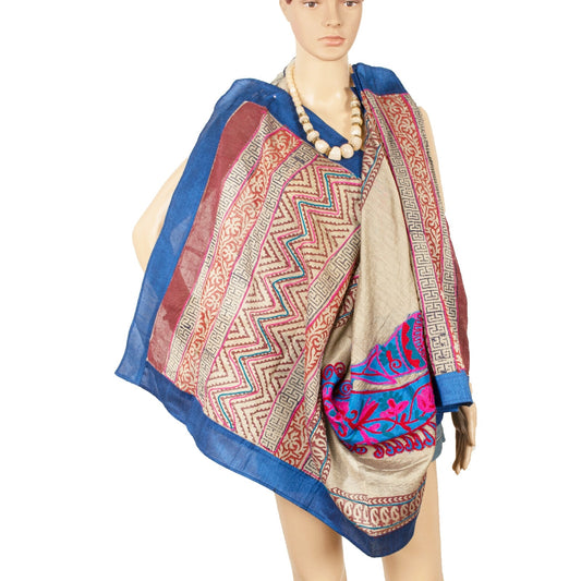 Sanskriti Vintage Dupatta Long Stole Pure Cotton Gray HandEmbroidery/Block Print