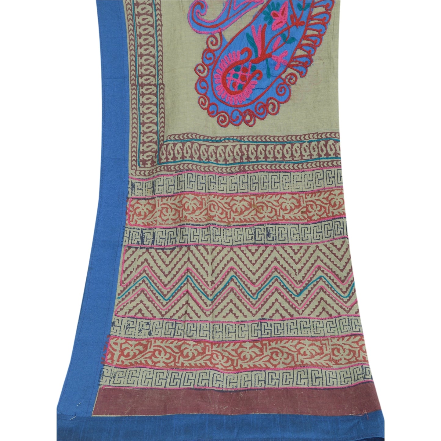 Sanskriti Vintage Dupatta Long Stole Pure Cotton Gray HandEmbroidery/Block Print