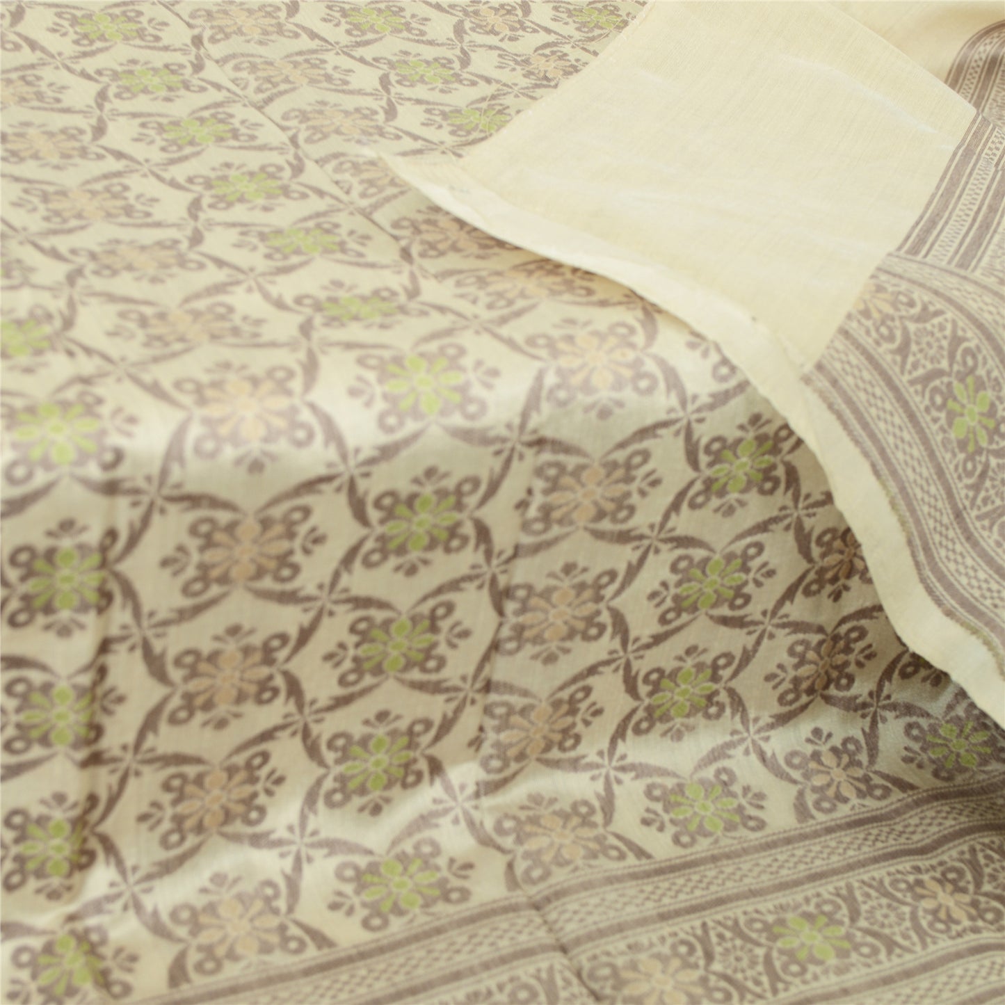 Sanskriti Vintage Dupatta Long Stole Cream Pure 100%Silk Hijab Woven Floral Veil