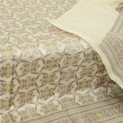 Sanskriti Vintage Dupatta Long Stole Cream Pure 100%Silk Hijab Woven Floral Veil