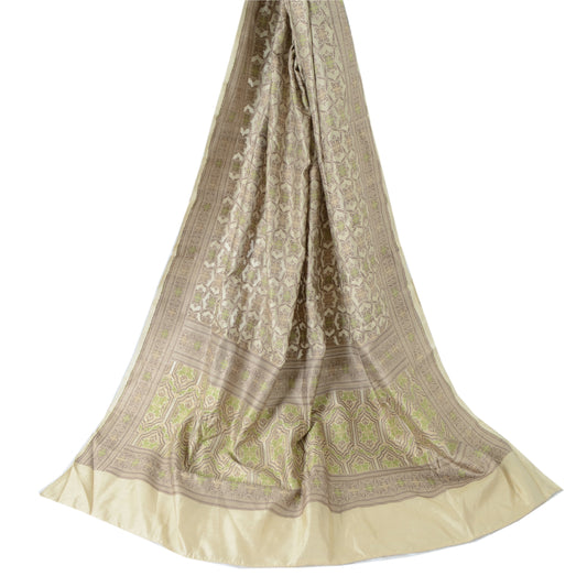 Sanskriti Vintage Dupatta Long Stole Cream Pure 100%Silk Hijab Woven Floral Veil