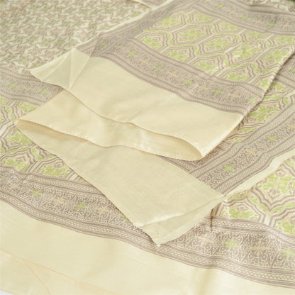 Sanskriti Vintage Dupatta Long Stole Cream Pure 100%Silk Hijab Woven Floral Veil