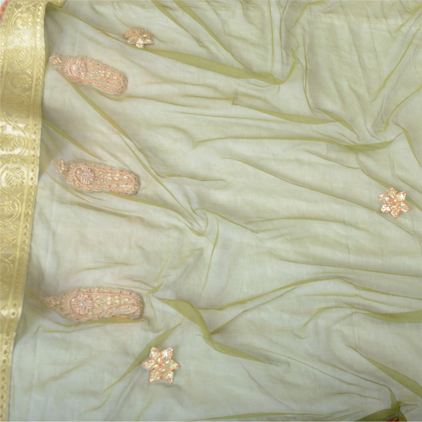 Sanskriti Vintage Dupatta Long Stole Net Mesh Green Hijab Hand Beaded Wrap Veil