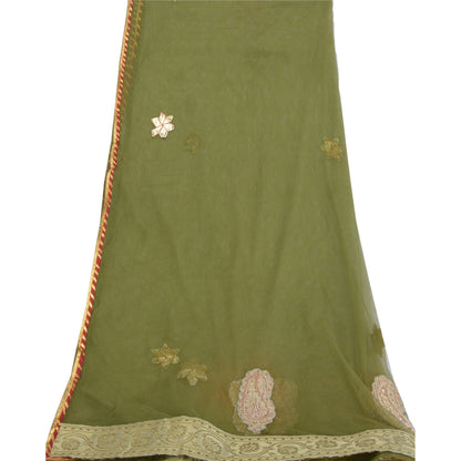 Sanskriti Vintage Dupatta Long Stole Net Mesh Green Hijab Hand Beaded Wrap Veil