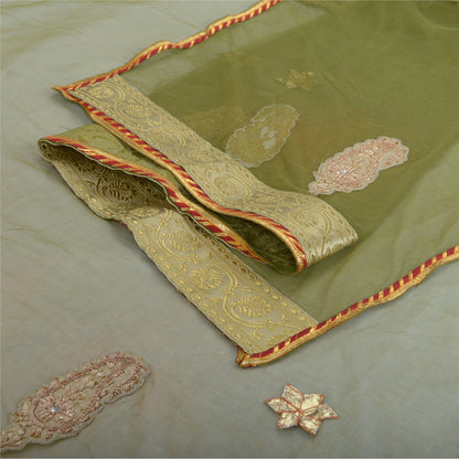 Sanskriti Vintage Dupatta Long Stole Net Mesh Green Hijab Hand Beaded Wrap Veil