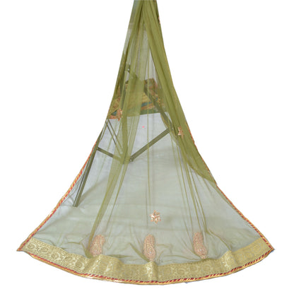 Sanskriti Vintage Dupatta Long Stole Net Mesh Green Hijab Hand Beaded Wrap Veil