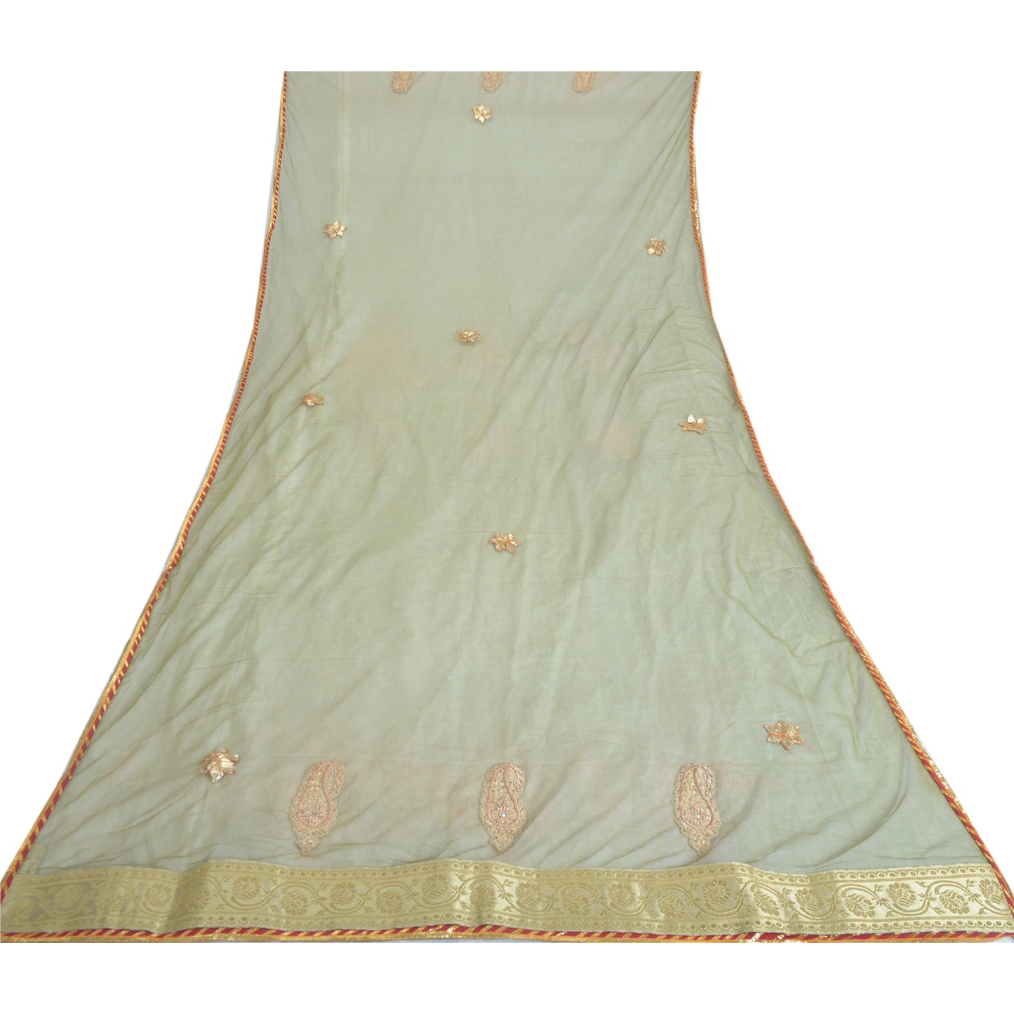 Sanskriti Vintage Dupatta Long Stole Net Mesh Green Hijab Hand Beaded Wrap Veil